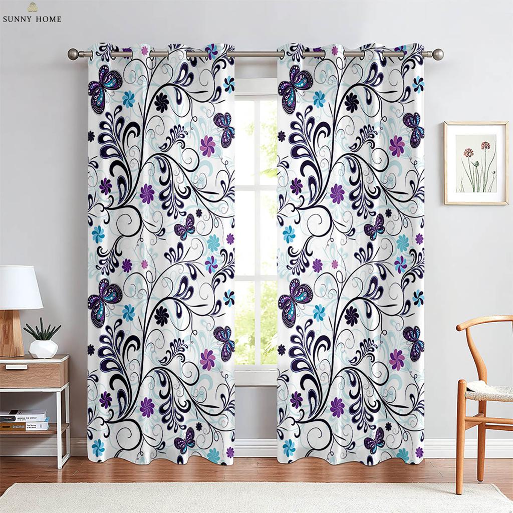 Window Curtains Floral Butterfly Print Curtains Pastoral Style Bedroom Living Room Kitchen Decorative Curtains 2 Pieces