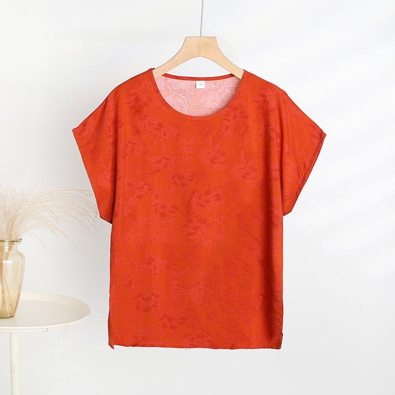 Elegant Cotton Jacquard Slimming Short-Sleeve T-Shirt for Women