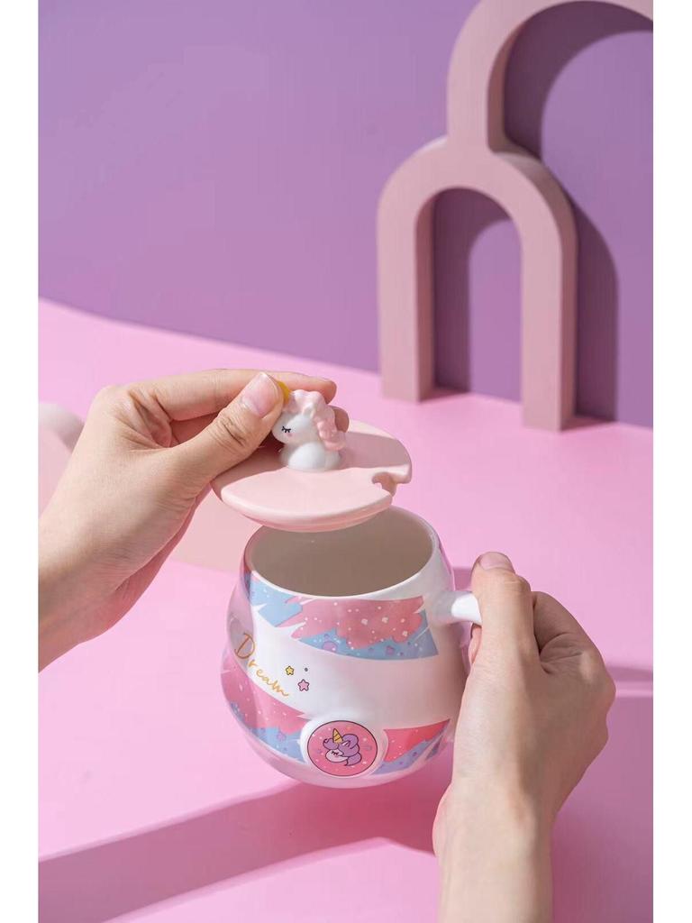 Einhorn Regenbogen Keramiktasse mit Deckel & Löffel - Niedliche Trinktasse für Mädchen