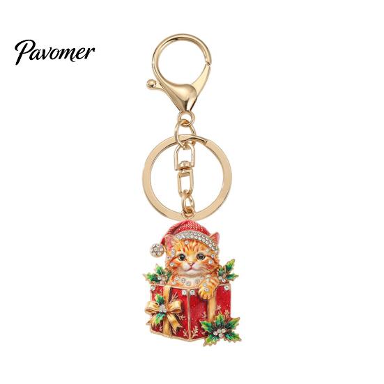 Decorative Purse Pendant Christmas Gift Box Cat Keychain, Bling Rhinestone Kitten Keyring Keychain Pendant, Backpack Handbag Accessory for Holiday