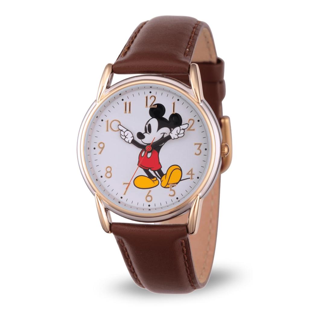 DISNEY Womens Mickey Mouse Analog-Quartz Watch Leather-Synthetic Strap Brown 18 (Model W002756)