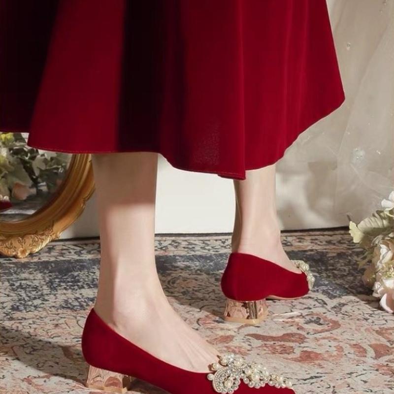 

Новые свадебные туфли со стразами, Туфли невесты с кристальным дизайном, Острый носок, Тонкий каблук, Женские туфли на высоком каблуке, Лодочки 38 красный