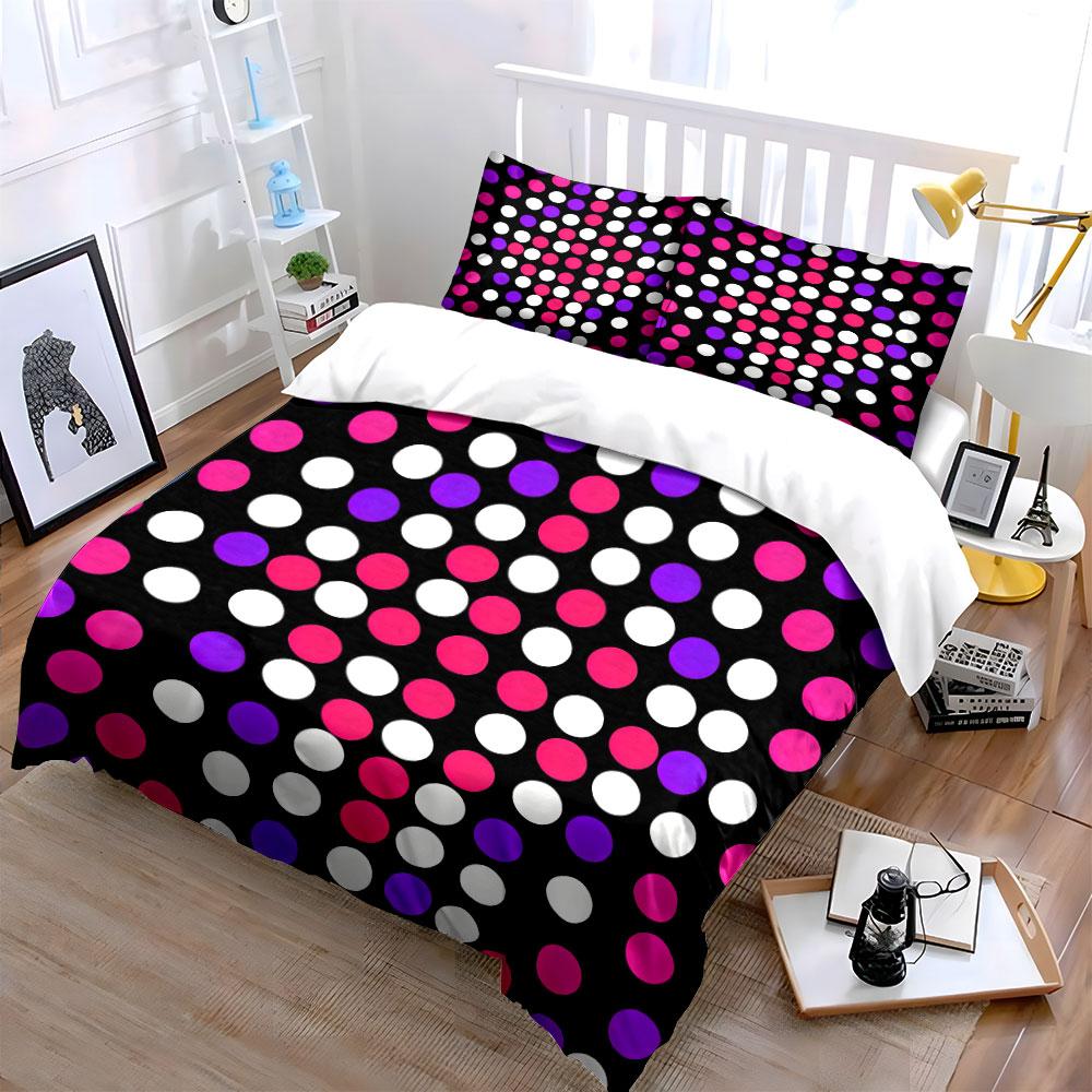 3Pcs Hot Pink White Regular Polka Dot Bedding Set,Black Base Classic Check Dot Print Duvet Cover 2 Pillowcases King Queen,Gift