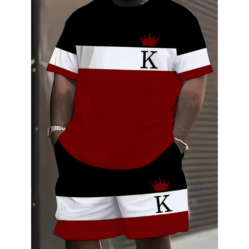 Men's Fashion Crown Print 2-Piece Set: Short Sleeve Tee & Drawstring Shorts. Color Block Streetwear for Holiday/Vacation