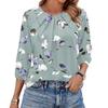 Women's Floral Print 3/4 Sleeve Round Neck Pleated T-Shirt Top Casual Lightweight Blouse with Elastic Cuffs and Relaxed Fit for Everyday Wear