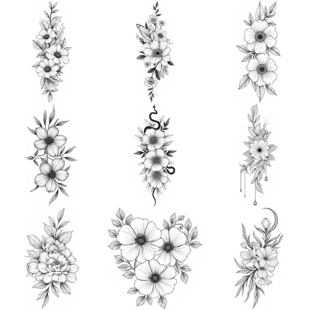 9pcs Temporary Tattoo Waterproof Long-lasting Body Stickers Floral Design Artistic Flowers Floral Illustration For Back Thighs