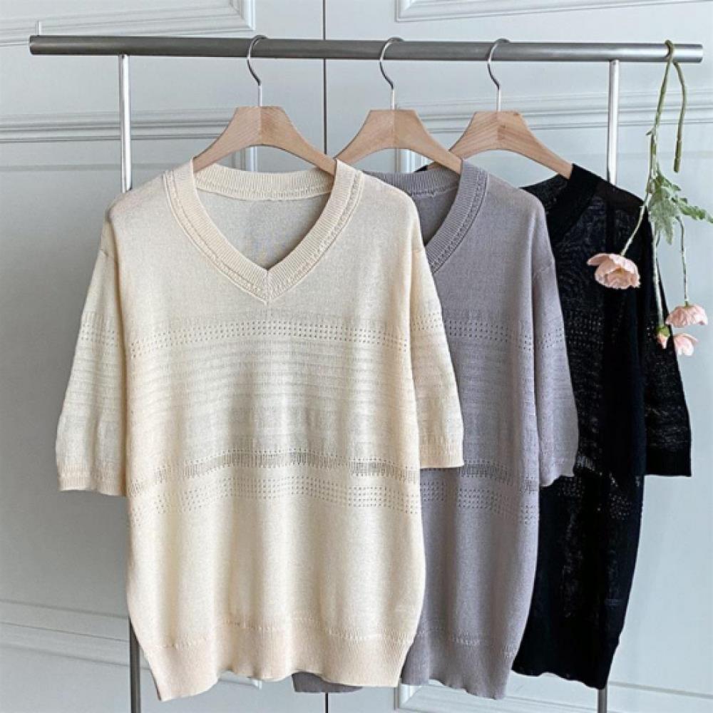 New ArriVals Open Run Women V Neck Short sleeVe Knitted Scallop Viscose