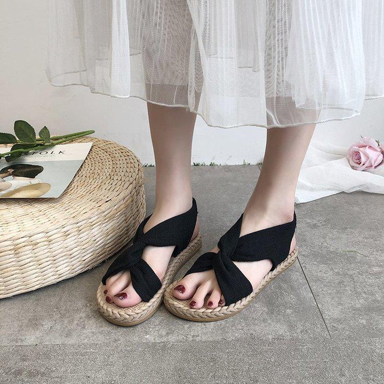 Women's Summer Roman Sandals - Woven Straw Linen with Elastic Band