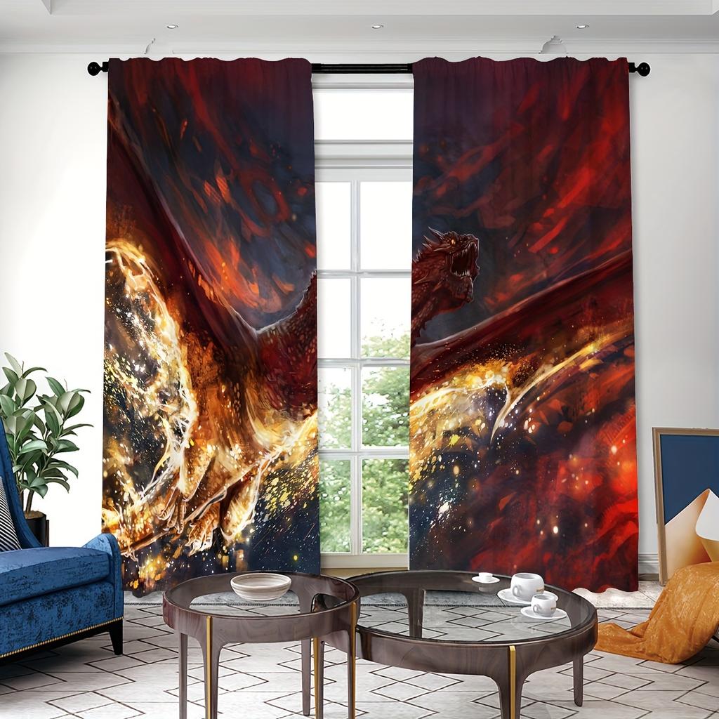 2panels Dragon Print Curtains Rod Pocket Curtain For Restaurants Living Rooms Bedrooms Offices Study Rooms Home Decoration