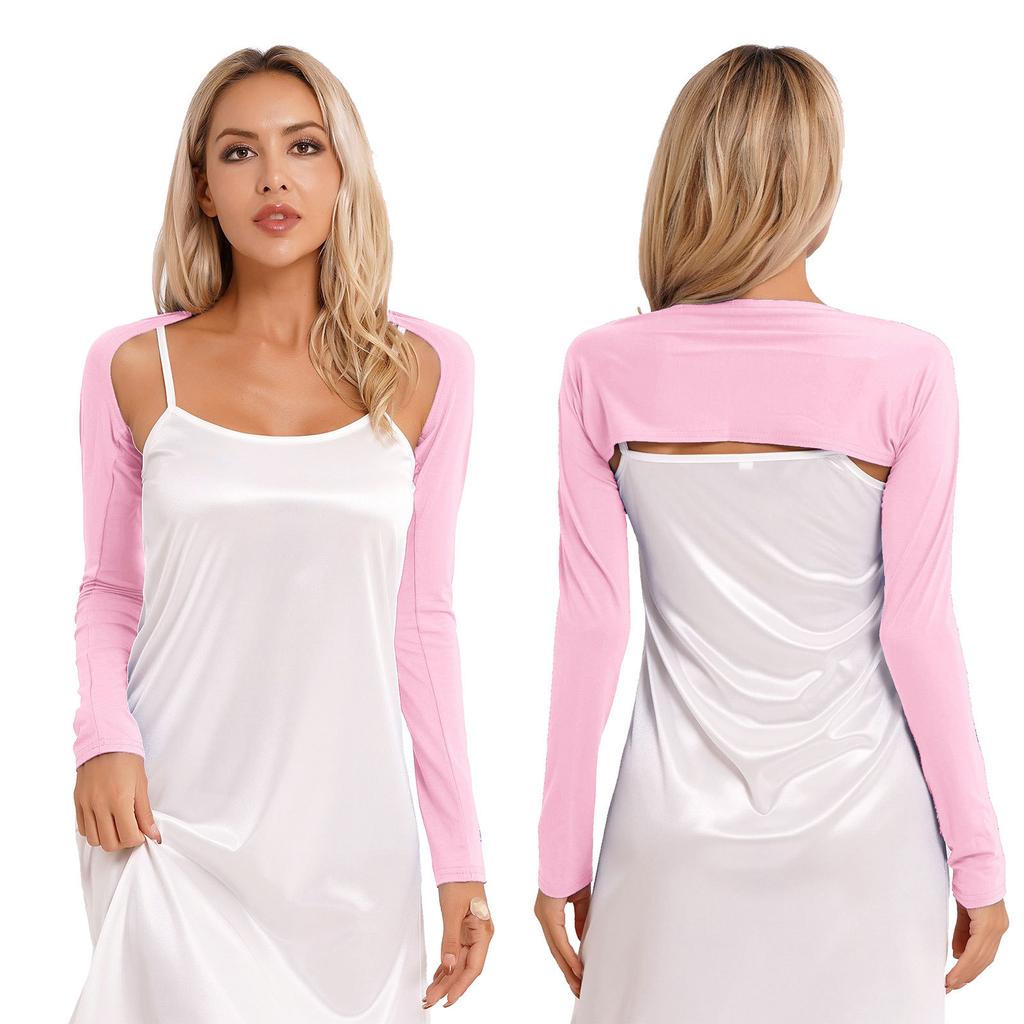 Womens Long Sleeve Open Front Cardigan Stretchy Yoga Dance Bolero Shrug Solid Crop Top