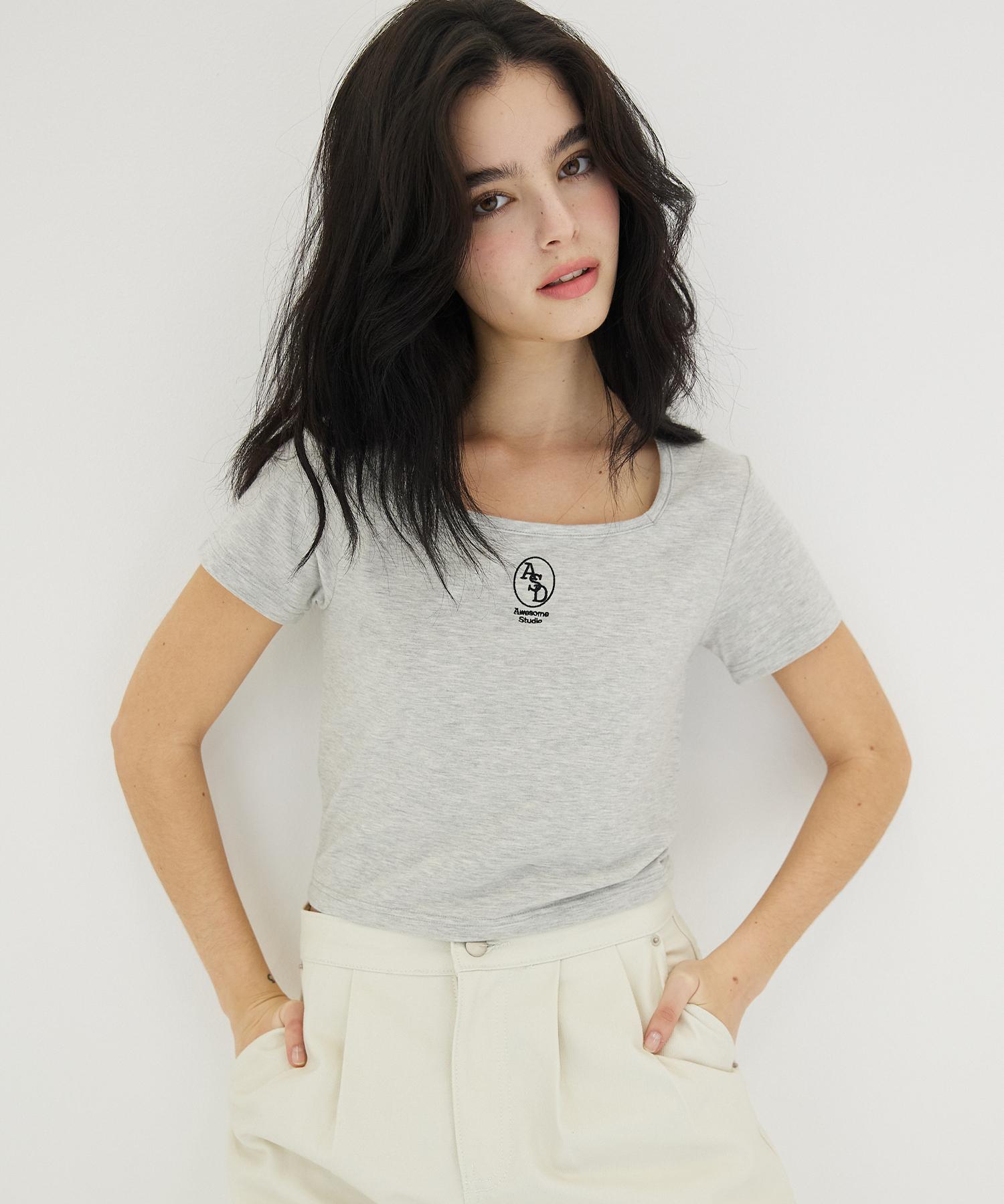 Awesome Studio Square Neck Crop T-Shirt Melange Grey Ivory/Free