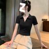 Black Lapel Short-sleeved T-shirt Women's Summer New Card Waist Slim-fitting Short Cotton Polo Shirt Front Shoulder Top