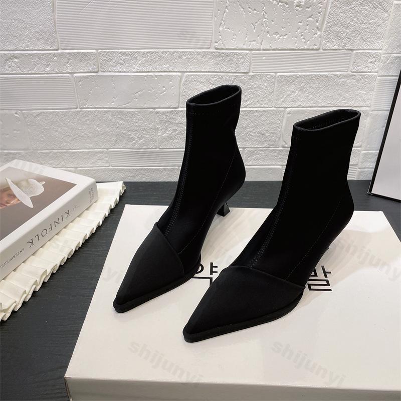 Fashion Fashion Elegant Ladies High Heels New Satin Pointed Toe Short Boots 2025 Autumn Women Thin Heel Stretch Sock Boots Female Shoes