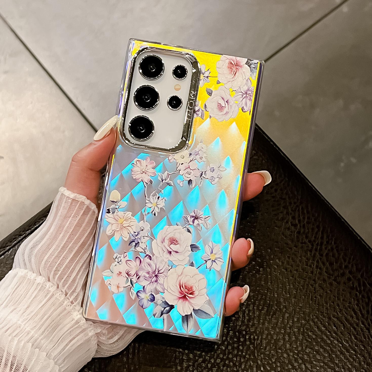 

For Samsung Galaxy S23 Ultra Case Flower Pattern Electroplated Laser Texture Mobile Phone Cover AH15