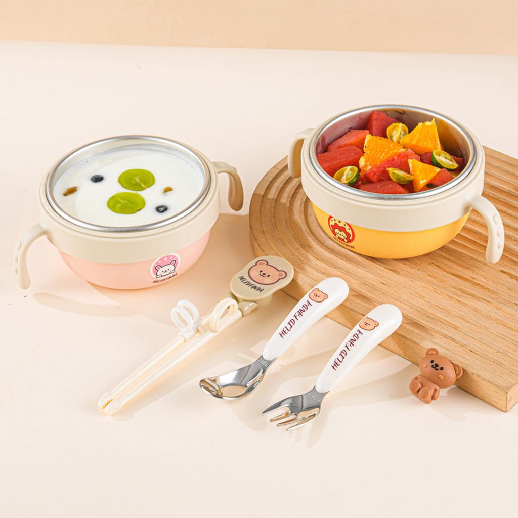 316 Stainless Steel Rice Bowl Children Tableware Anti-scald Food Container With Cutlery Double Handle Kid Feeding Bowl
