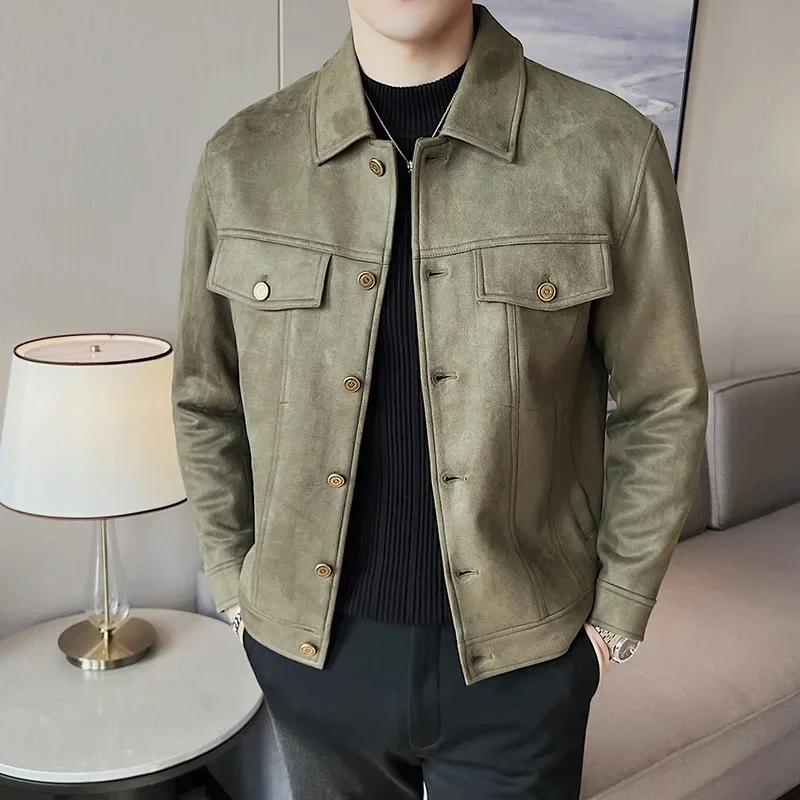 

Мужская кожаная куртка в британском стиле Осень Зима Утепленная Сохраняющая тепло Однотонная Повседневная Приталенная Короткая Куртка Пальто Мужская одежда Asian 4XL 91-100KG зелёный