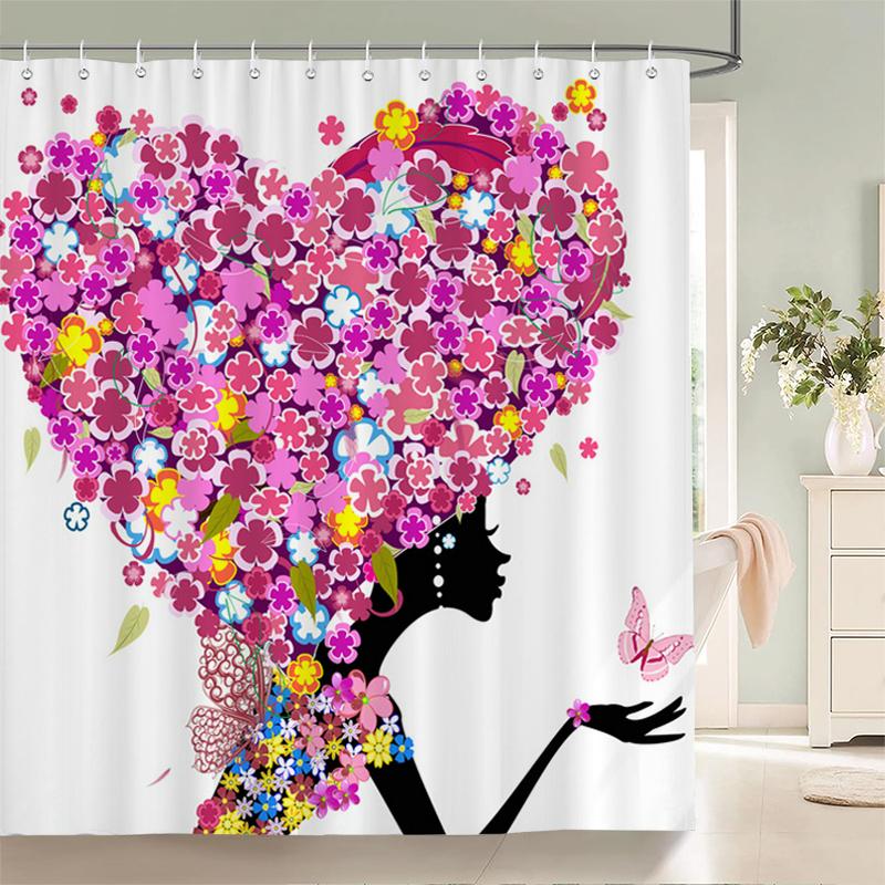 Flower Butterfly Girl Shower Curtain Waterproof Bathroom Lovely Woman Fairy Shower Curtain Polyester Cloth Home Decor Hook