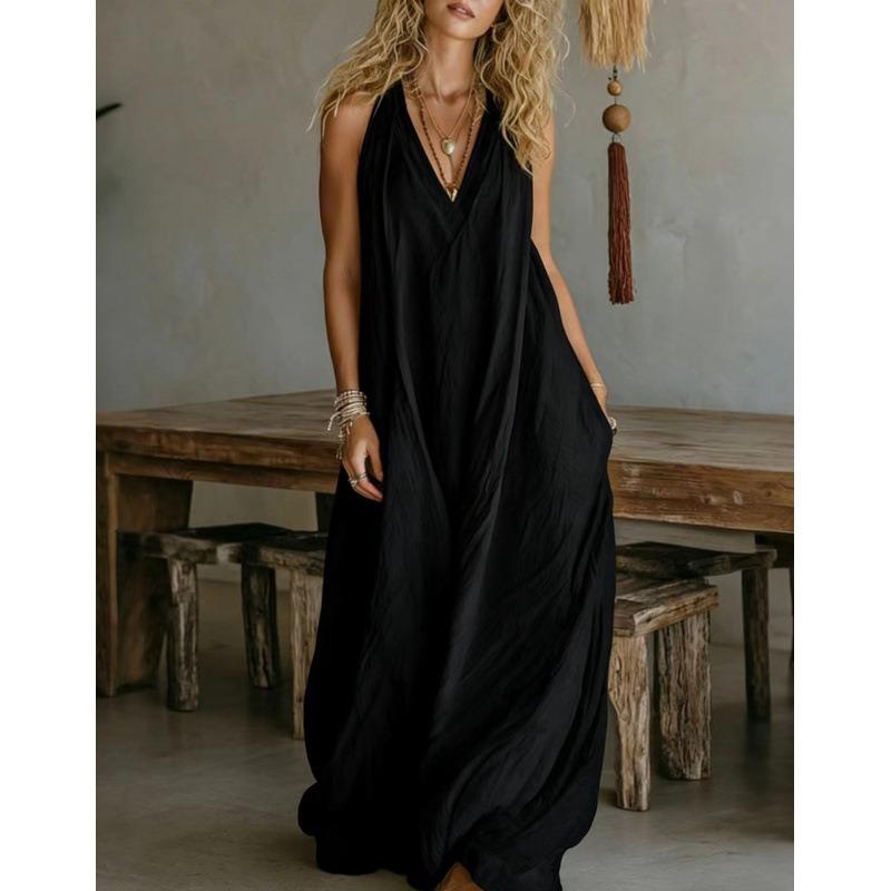 QICED Fashion Summer Spring Solid Color Print Sleeveless V-Neck Casual Dresses