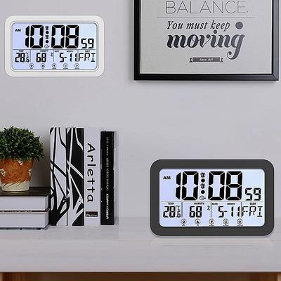 Large Digital Wall Clock TEMP Humidity Date Week Touch Screen Battery Powered Snooze Table Clock 2 Alarm 12/24H LCD Alarm Clock