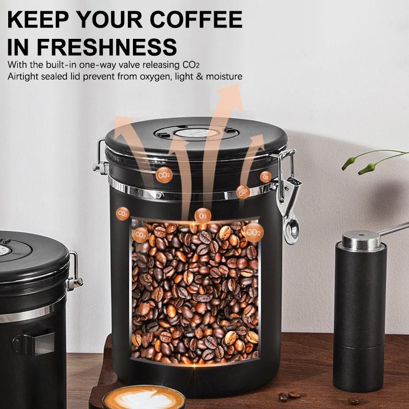1.2 1.5 1.8L Coffee Bean Jar Airtight Canister Sealed Stainless Steel With Spoon One Way Valve Cannister Coffee Storage Kitchen