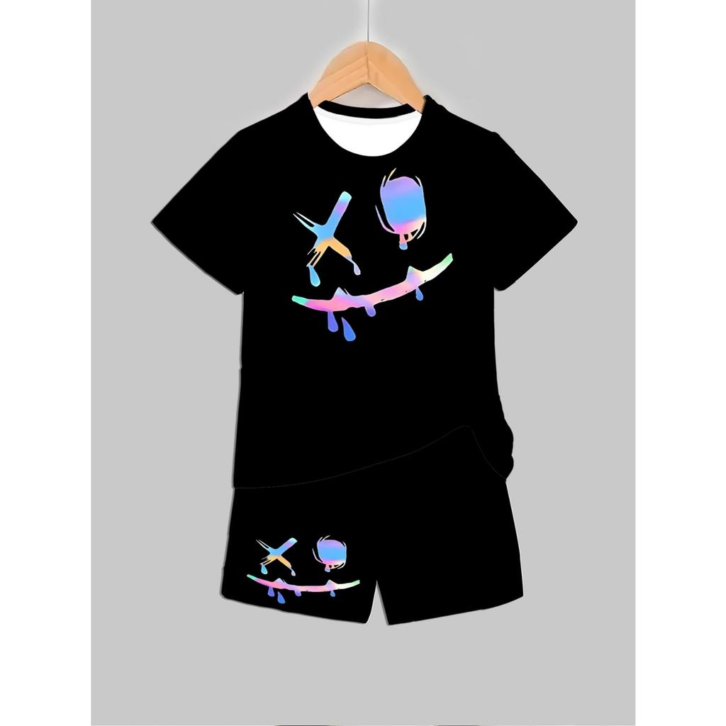 Boys' round neck short sleeved set for children aged 3-14, fashionable printed cartoon boys' short sleeved set