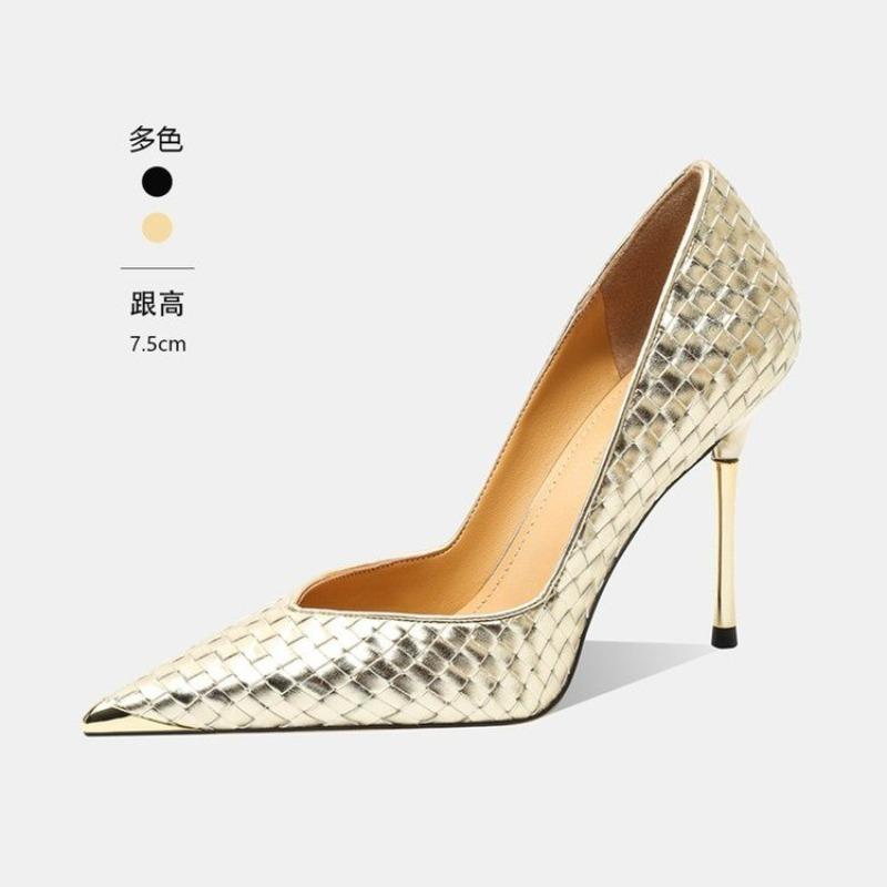 New Gold Woven Heels Pointed Toe Stiletto Shoes 34