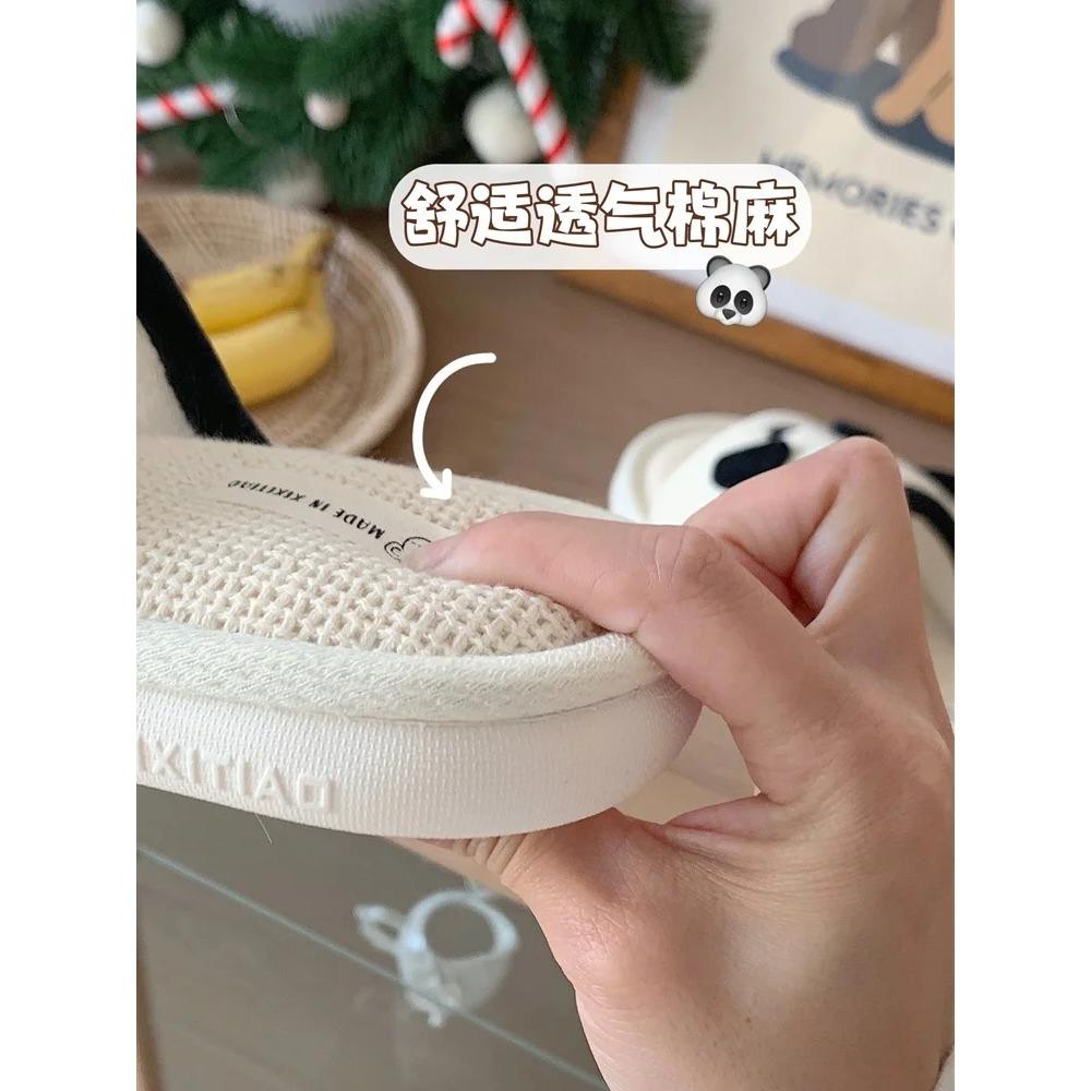 Panda Linen Slippers For Women Man Four Seasons Indoor Anti Slip Soft Sole Cute Stillness Floor Slipper For Couple
