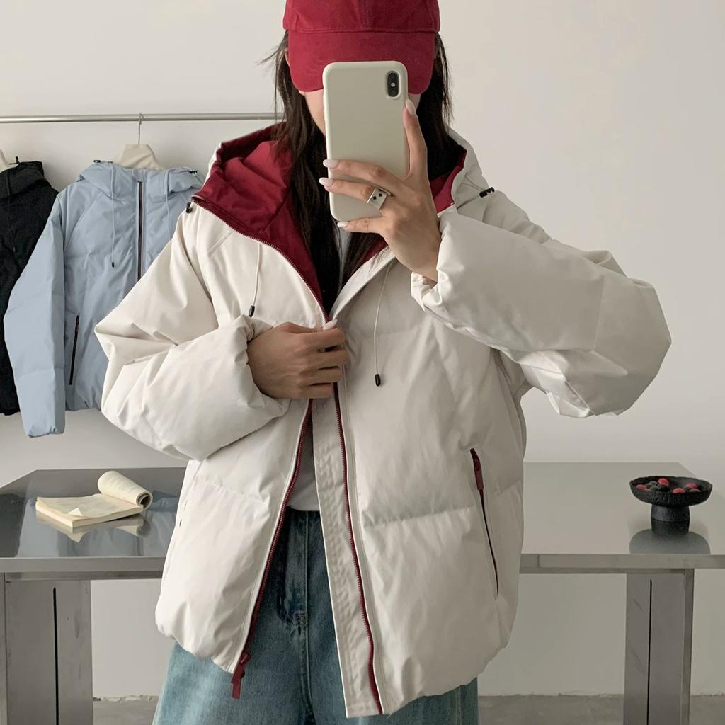Down jacket women's short winter new hooded loose casual retro trendy brand contrasting color outdoor warm jacket