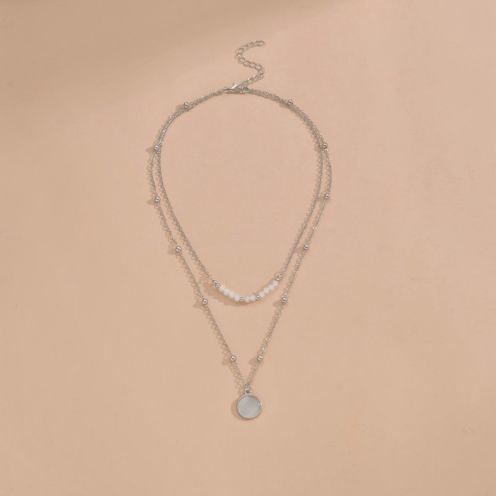 New product, moonstone pendant, metal double-layer stacked necklace, rice bead beaded neck chain 2-piece set