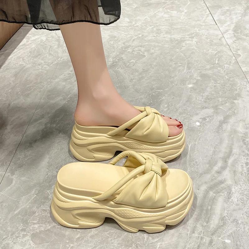 Fashion Shiny Rhinestone High Platform Slippers New Women 9CM Heels Leather Chunky Sandals Woman Summer 2025 Thick Bottom Wedges Slides