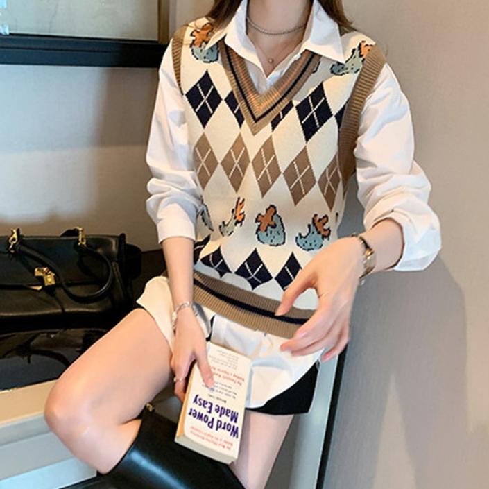 Gilet Lavorato a Maglia da Donna Autunno con Senso del Design Canottiera e Maglione con Motivo a Diamanti Gilet Largo
