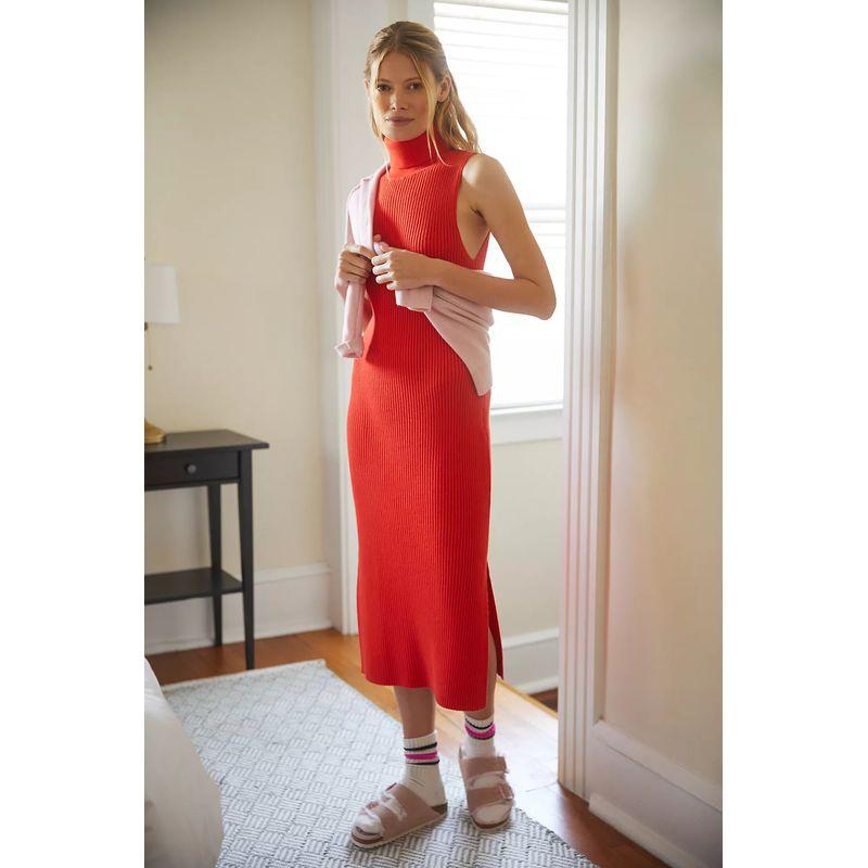 

Anjia D * Aily Autumn and Winter Simple Thick Turtleneck Sleeveless Knitted Slit Mid-Length Dress Plus size Fat Size Orange Red XS