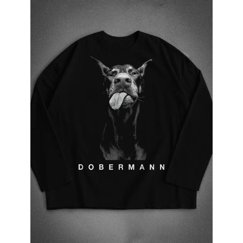 Black "Dobermann" Long Sleeve Shirt, Trendy Animal Graphic Top
