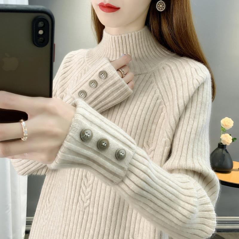 Women's Semi High Neck Sweater Women's Base Sweater Loose Thick Short Knit Sweater