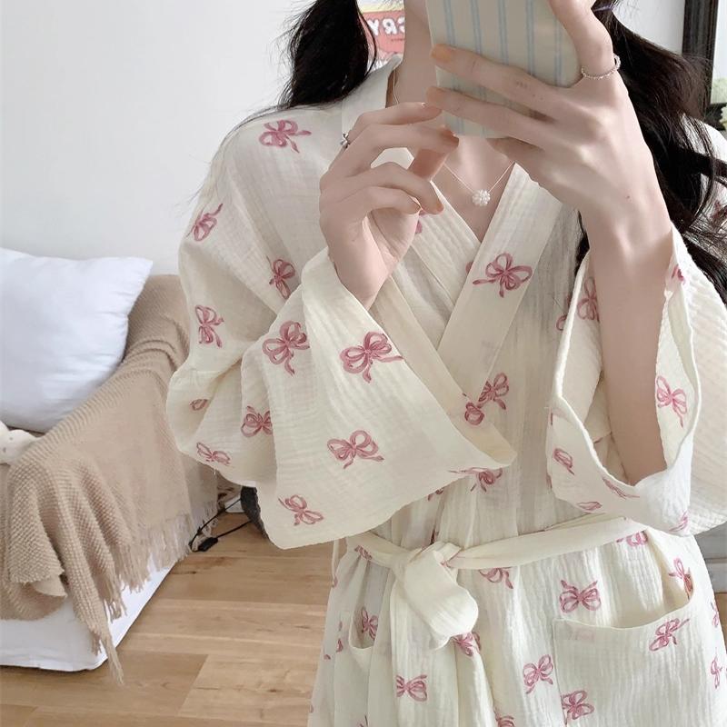 Women's Spring/Autumn Korean-Style Simple Comfortable Nightgown Pink Bow Casual Loose-Fit Loungewear Nightdress