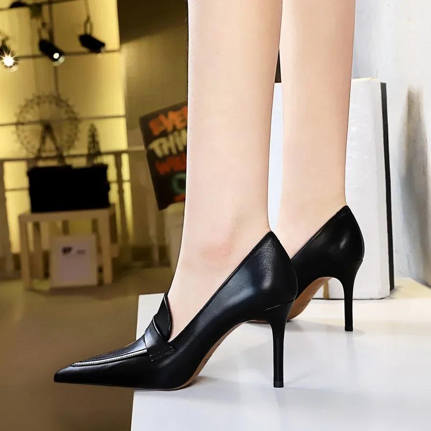 

BIGTREE Soft Shallow Fashion High Heels Women Pumps montage Pointed Toe PU 8CM Thin Heels Retro Office Work Women Shoes brown 40