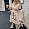 Women's Relaxed Fashionable Tie-waist Loose Knit V-neck Midi Dress