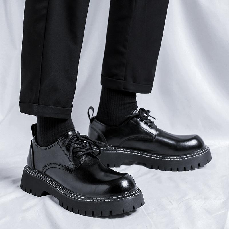 Fashion Derby Shoes Men PU Thick Soled Round Toe Workwear Large Toe Leather Shoes Sturdy Sewn Comfortable Non Slip Men Shoes