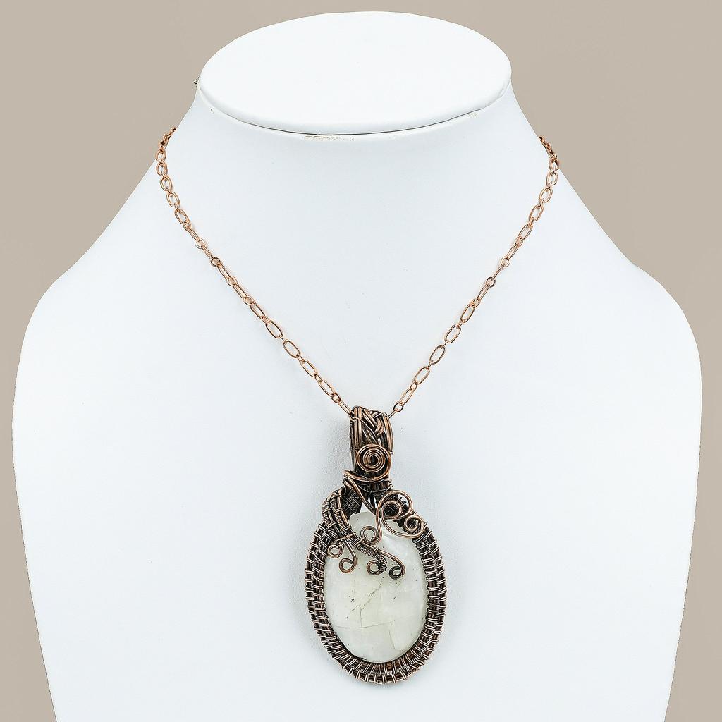 Natural Rainbow Moonstone Gemstone Copper Wire Wrap Gift Pendant 3.07 V5Q53