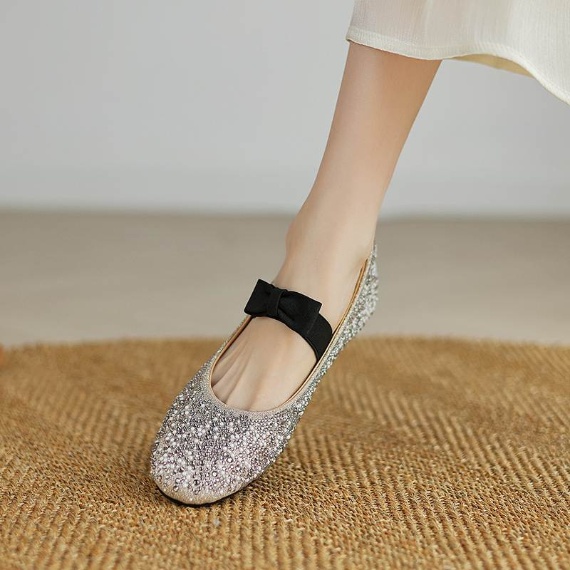 Krazing Pot crystal beading Fashion Spring Size 42 41 Low Heels Women round Toe Shoes Ballet Dance Shallow Flats