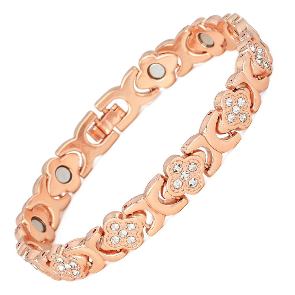 European & American Magnetic Bracelet: Fashionable Four-leaf Clover Alloy with Diamond Inlay, Single Row Magnetic Jewelry for Women.