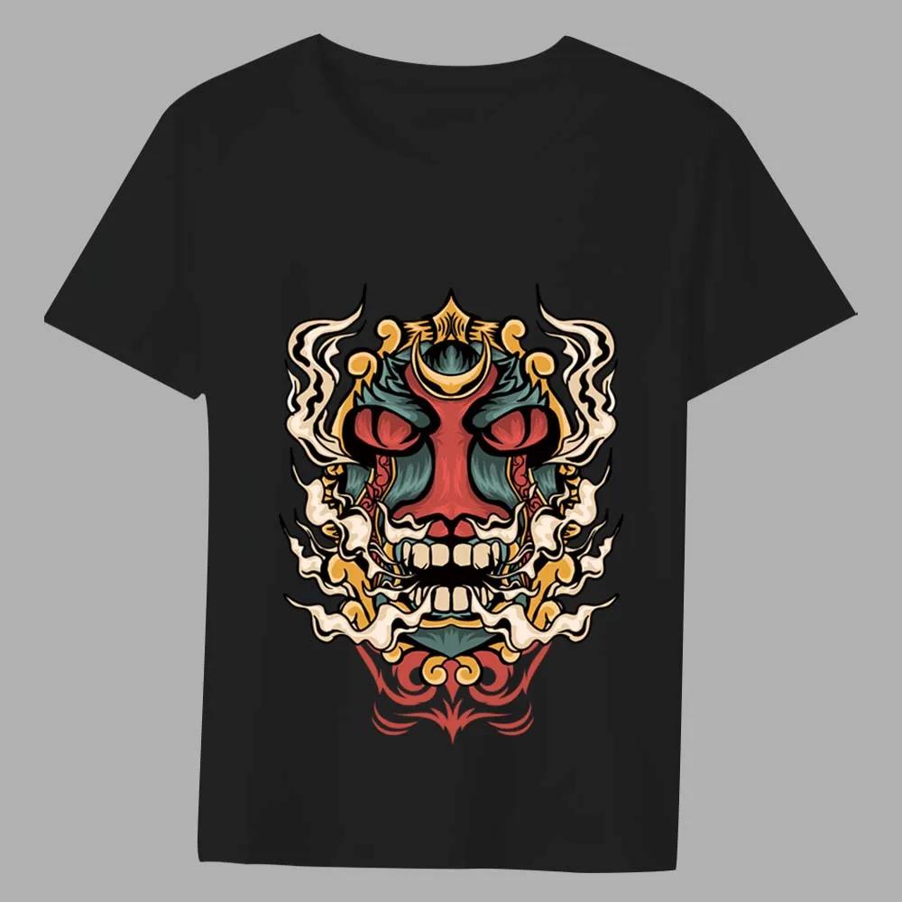 Men's Classic Trend T-shirt Japanese Comics Red Face Demon Print Series Casual Youth Men's Commuter Black O-neck All-match Shirt