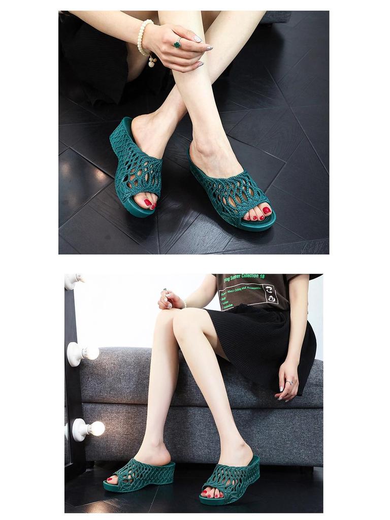 Women's 2025 Fashion High Heel Non-Slip Slippers - Summer Hollow Out, Comfortable, Thick Sole, One-Strap Design for Outdoor Use