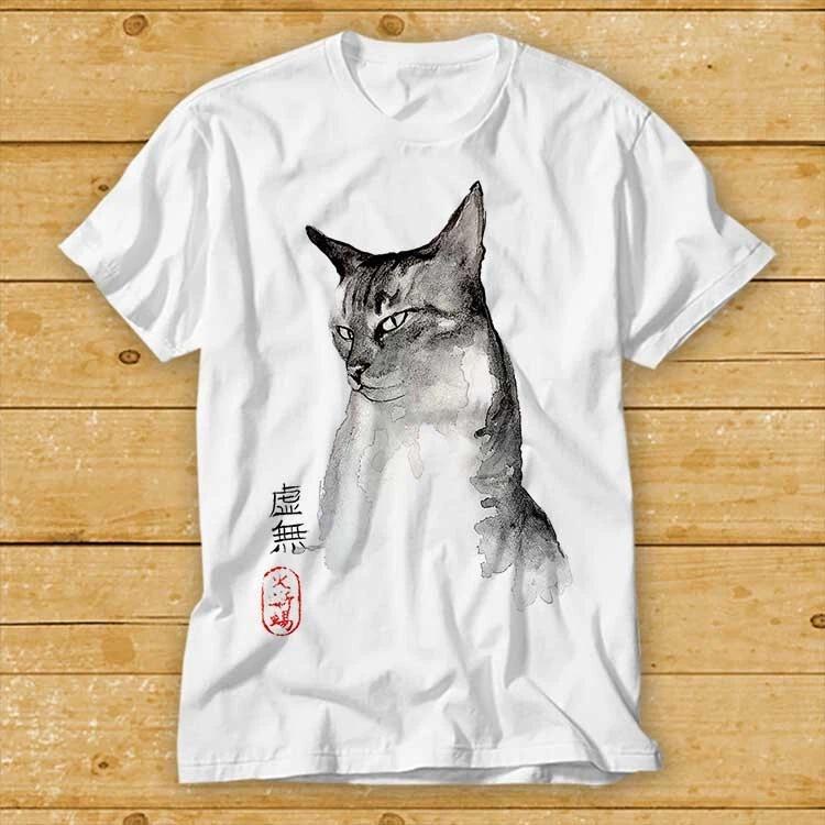 Watercolor Cat Zen Japanese Style Print T Shirt Cult Movie Best Seller 2420 S