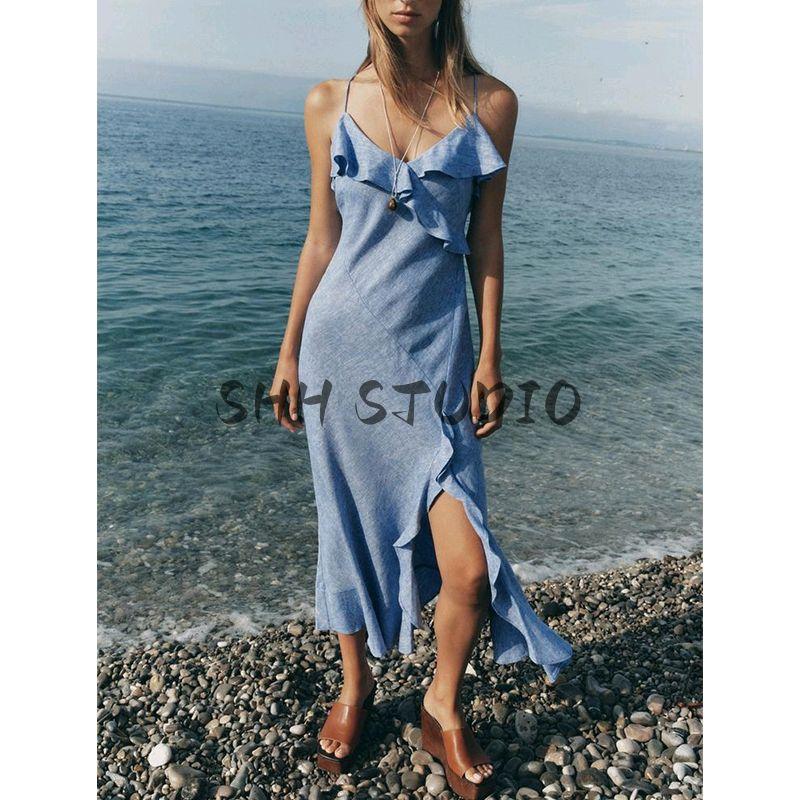 Summer New Product Women Clothes Holiday Style V-neck Linen Blend Laminated Decoration Sling Dress 7953757
