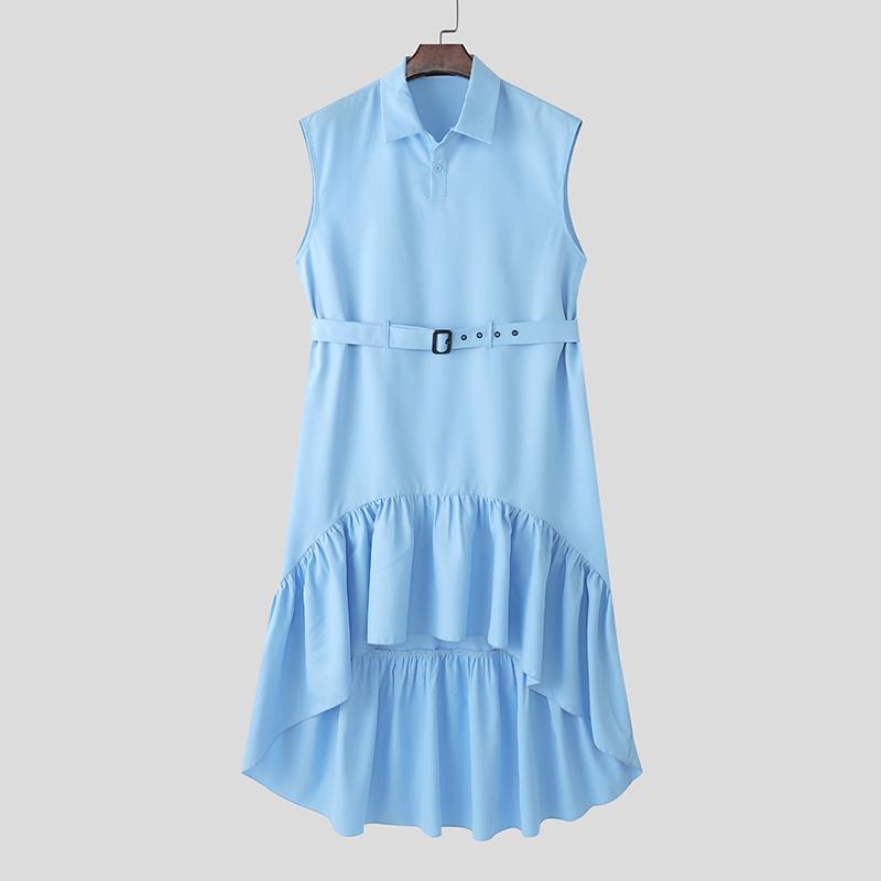 

INCERUN Мужская туника с воротником-лацканом без рукавов и поясом на талии с оборками, высокая и низкая, длинная, безрукавка S