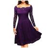 Women's  Casual Fasion Solid Color Strapless Hollow Out Long-sleeve Waist A-line Big Swing Lace With  Dress