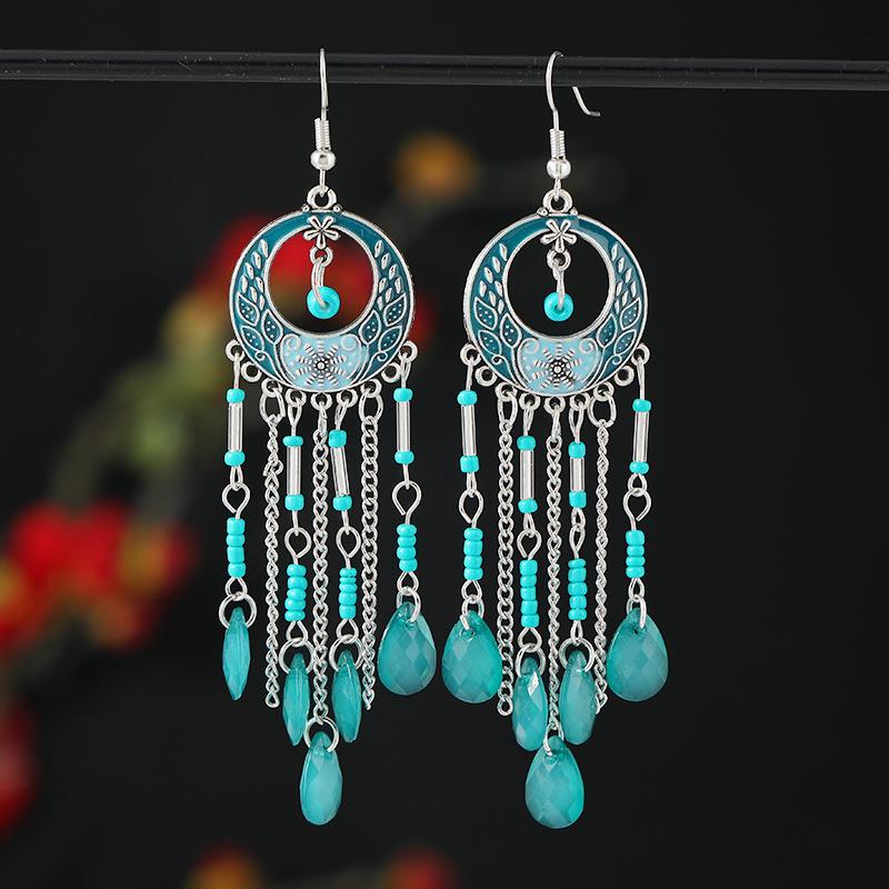 Bohemian long fringed earrings retro medium enamel color beaded niche design earrings women