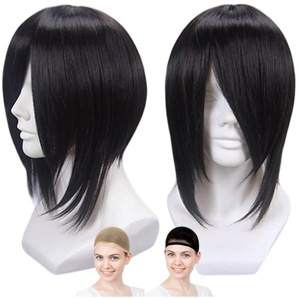 CaseEden Cosplay Wig, Smooth, Short, 30cm, Heat-Resistant, Black Hair, Includes 2 Wig Nets