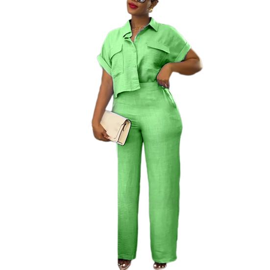 

2 шт./компл. с отложным воротником и короткими рукавами, однобортный, однобортный, с высокой эластичной резинкой на талии, с широкими штанинами, прямой, OL, для поездок на работу 2XL зелёный